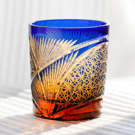 JP-030 250 ml Blue and Amber Tinted Glass Whiskey Cup With Hand Cut Classic Chrysanthemum And Fans 2 different Design