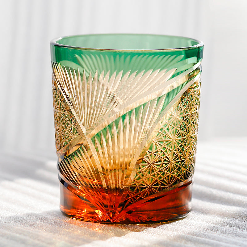 JP-030 250 ml Green and Amber Tinted Glass Whiskey Cup With Hand Cut Classic Chrysanthemum And Fans 2 different Design