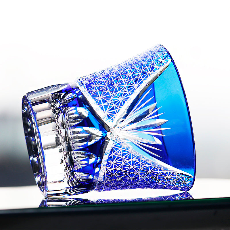 JP-017 220ml Flared Shaped Hand Cut To Clear Table Tumbler Dark Blue Color Cased Glass Whiskey Tumblers Blue Edo Kiriko Cocktail glass