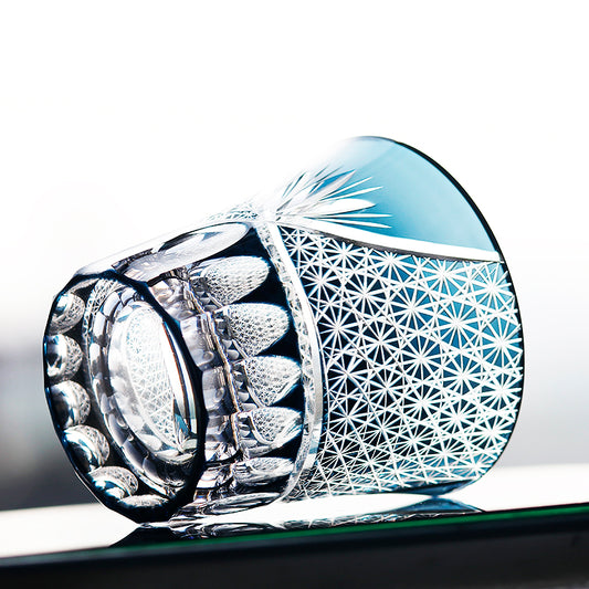 JP-017 220ml Flared Shaped Hand Cut To Clear Table Tumbler Smokey Blue Color Cased Glass Whiskey Tumblers Blue Edo Kiriko Bamboo leaves Rock glass