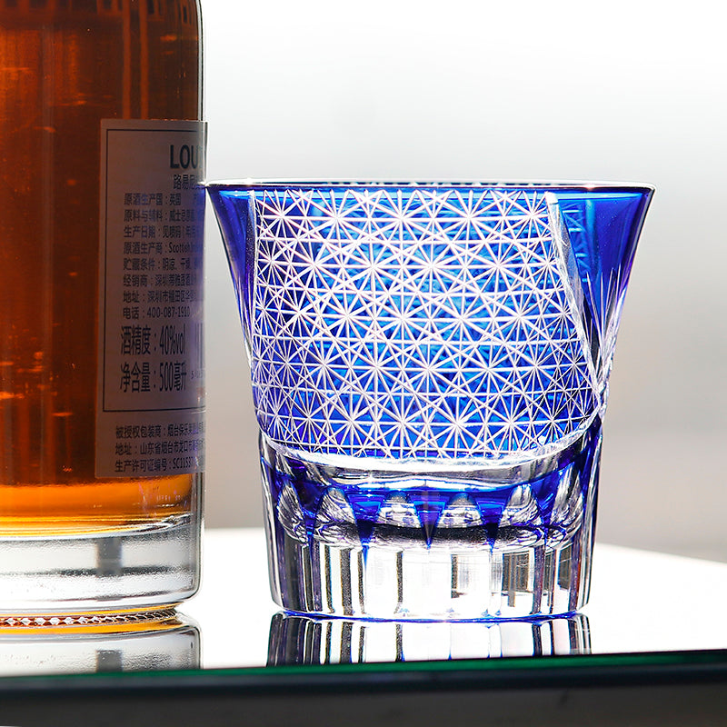 JP-017 220ml Flared Shaped Hand Cut To Clear Table Tumbler Dark Blue Color Cased Glass Whiskey Tumblers Blue Edo Kiriko Cocktail glass