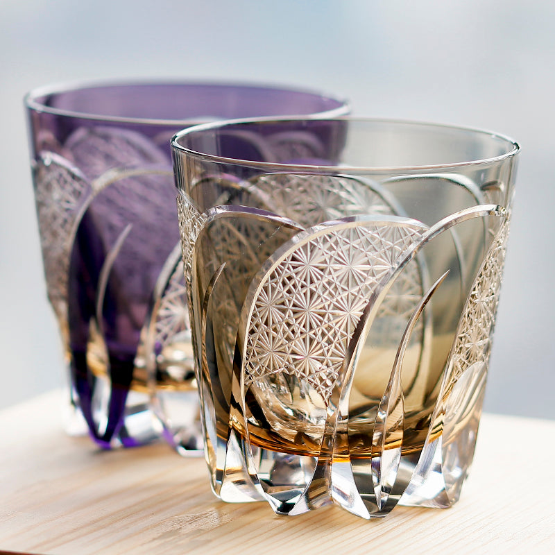 JP-114 32 cl Japanese Style Handcrafts Purple Colored Whisky Glass Tumbler Edo Kiriko's Chrysanthemum Mesh Design