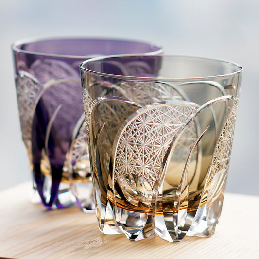 With packaging of JP-114 32 cl Japanese Style Handcrafts Purple Colored Whisky Glass Tumbler Edo Kiriko's Chrysanthemum Mesh Design - JINZHI GLASS crystal glassware