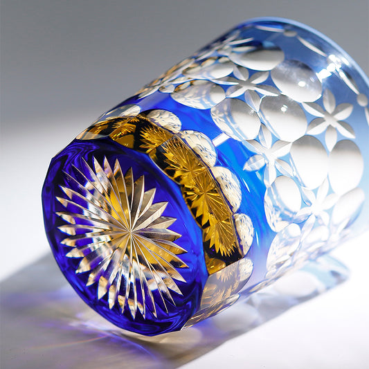 JP-117 240ml Edo Kiriko Kaleidoscope Old Fashioned Glass Tumbler Clear Blue and Amber Cased Crystal Glass Whiskey Tumblers Engraved Balls And Flowers Design