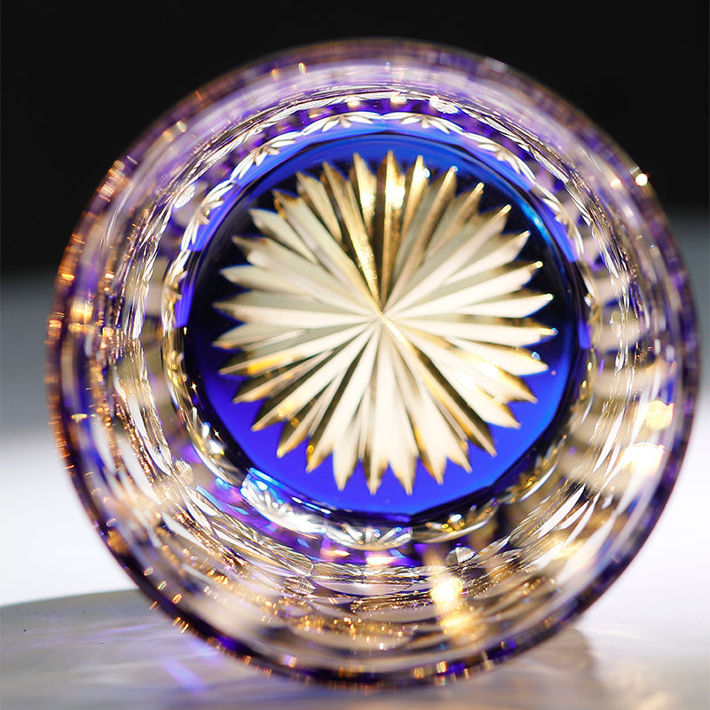 JP-117 240ml Edo Kiriko Kaleidoscope Old Fashioned Glass Tumbler Clear Blue and Amber Cased Crystal Glass Whiskey Tumblers Engraved Balls And Flowers Design