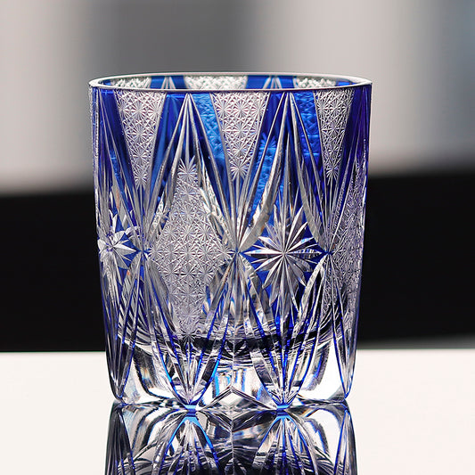 JP-118 240ml Luxury Edo Kiriko Cluster Stars Old Fashioned Glass Tumbler Cocktail Glass Hand Cut To Clear Blue Cased Crystal Glass Whiskey Tumblers Hand Cutting Cluster Stars And Chrysanthemum Mesh