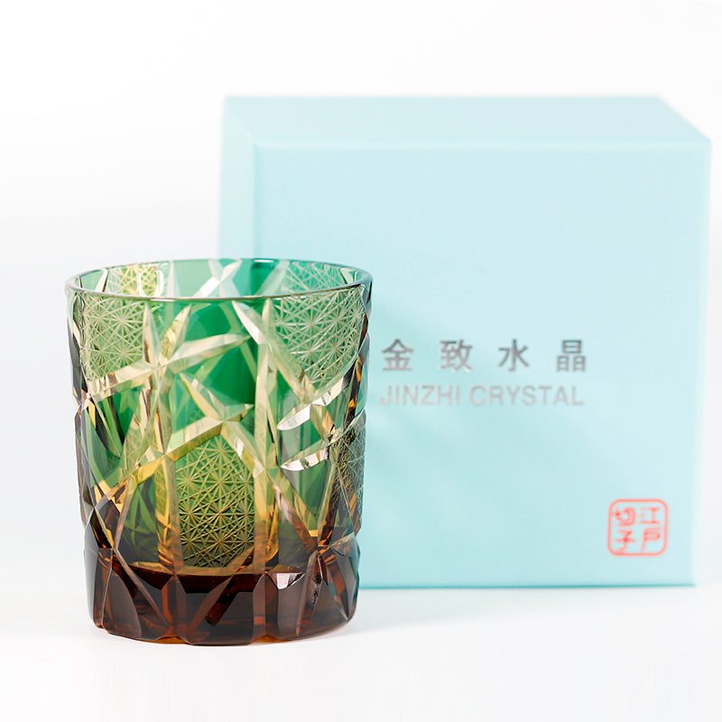 JP-042 8.5 oz Edo Kiriko Style Green Amber Glass Cocktail Whiskey Tumbler Hand Cut Lightning Streaks Pattern