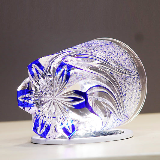 JP-120 240ml Luxury Edo Kiriko Old Fashioned Glass Tumbler Cocktail Glass Hand Cut To Clear Blue Cased Crystal Glass Whiskey Tumblers Hand Carved Water Ripple Design And Chrysanthemum Mesh
