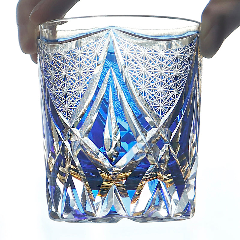 JP-119 240ml Handcrafted Edo Kiriko Whiskey Glasses Blue Clear Amber Hand Cutting Geometric And Chrysanthemum Mesh Patterns In Gift Box
