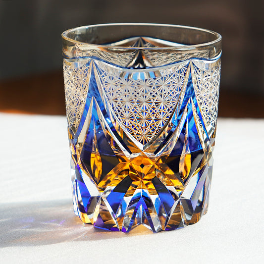JP-119 240ml Handcrafted Edo Kiriko Whiskey Glasses Blue Clear Amber Hand Cutting Geometric And Chrysanthemum Mesh Patterns In Gift Box