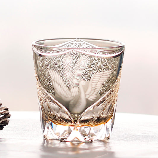 JP-133 32 cl Handmade Phoenix Grey Amber Multilayer Colored Crystal Glass Whisky Tumbler Edo Kiriko's Hand Cutting PhoenixAnd Chrysanthemum Mesh Edo Kiriko Old Fashioned Glass Tumbler Grey