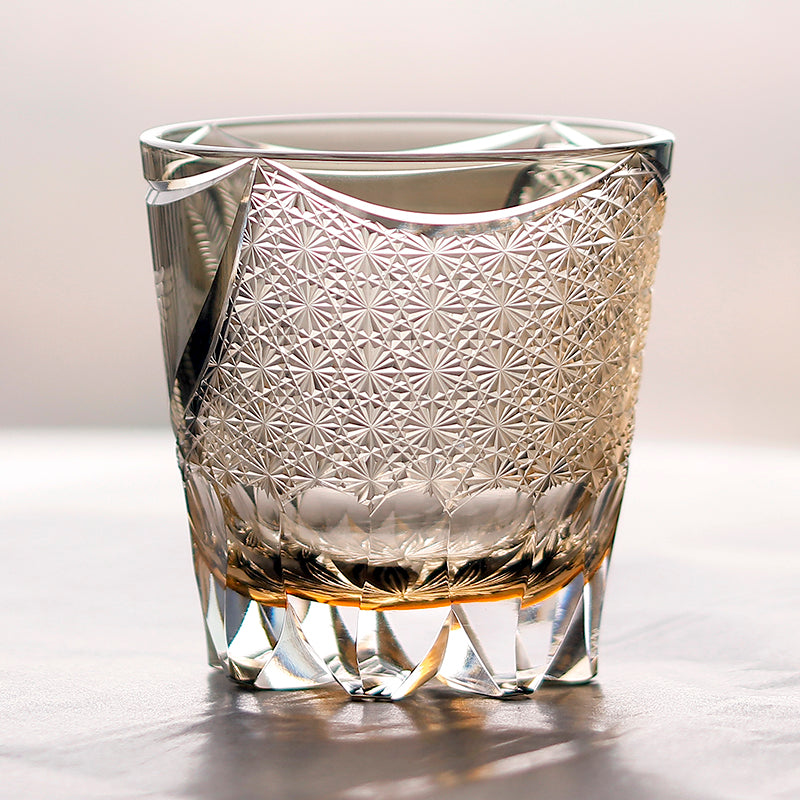 JP-133 32 cl Handmade Phoenix Grey Amber Multilayer Colored Crystal Glass Whisky Tumbler Edo Kiriko's Hand Cutting PhoenixAnd Chrysanthemum Mesh Edo Kiriko Old Fashioned Glass Tumbler Grey