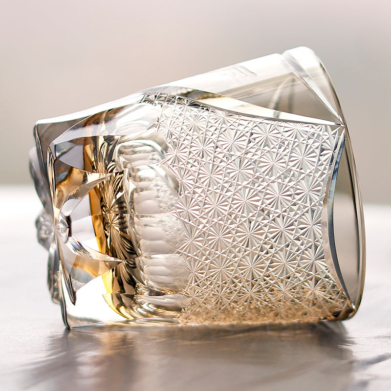 JP-133 32 cl Handmade Phoenix Grey Amber Multilayer Colored Crystal Glass Whisky Tumbler Edo Kiriko's Hand Cutting PhoenixAnd Chrysanthemum Mesh Edo Kiriko Old Fashioned Glass Tumbler Grey