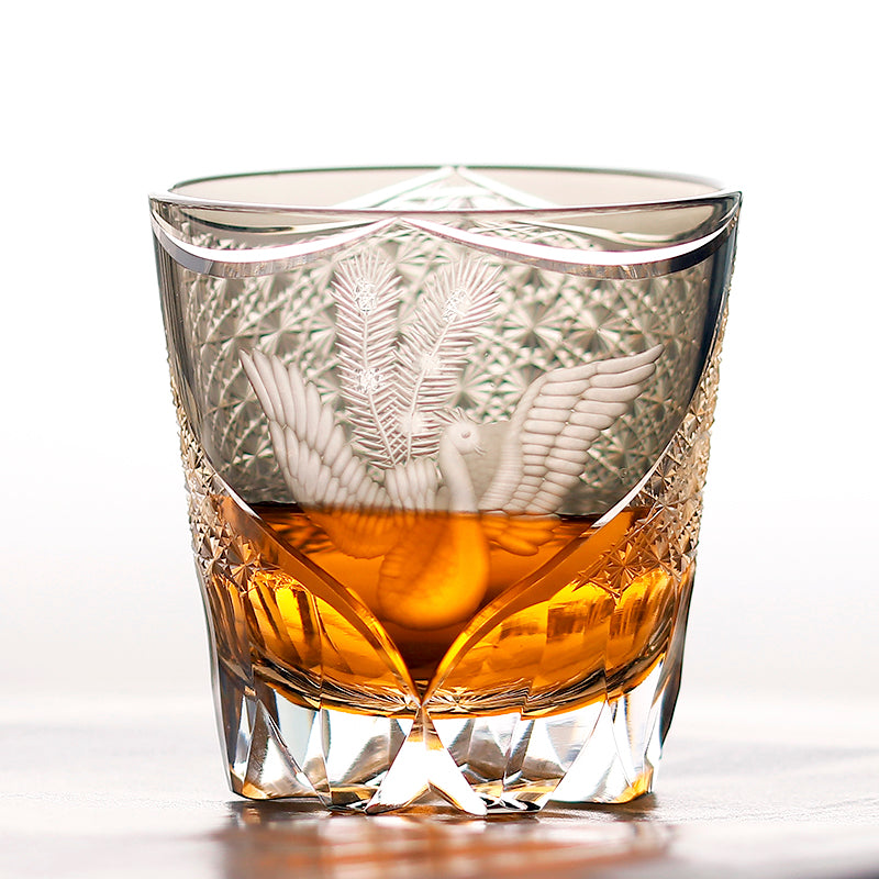 JP-133 32 cl Handmade Phoenix Grey Amber Multilayer Colored Crystal Glass Whisky Tumbler Edo Kiriko's Hand Cutting PhoenixAnd Chrysanthemum Mesh Edo Kiriko Old Fashioned Glass Tumbler Grey