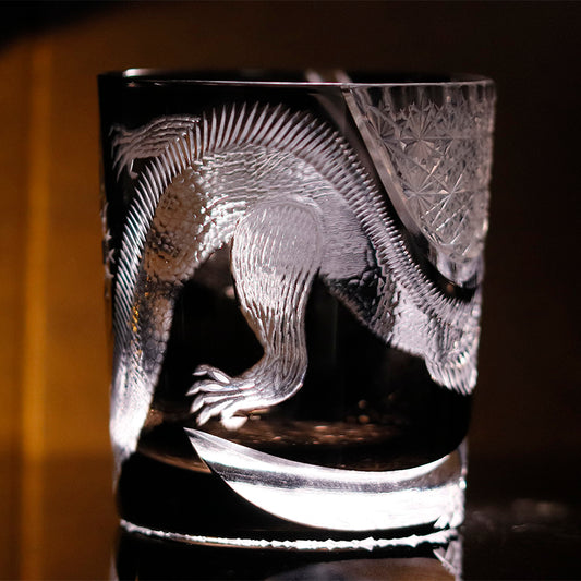 JP-134-1 9 OZ Cylinder Hand Cut and Black Dragon Whiskey Glasses Edo Kiriko Dragon Pattern Wholly Around Cup