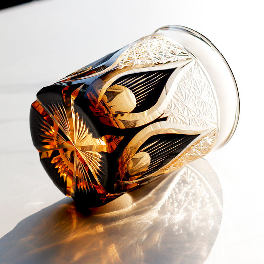 JP-020 25 CL Black and Amber Overlaid Glass Whiskey Tumbler With Hand Engraved candle flame Design