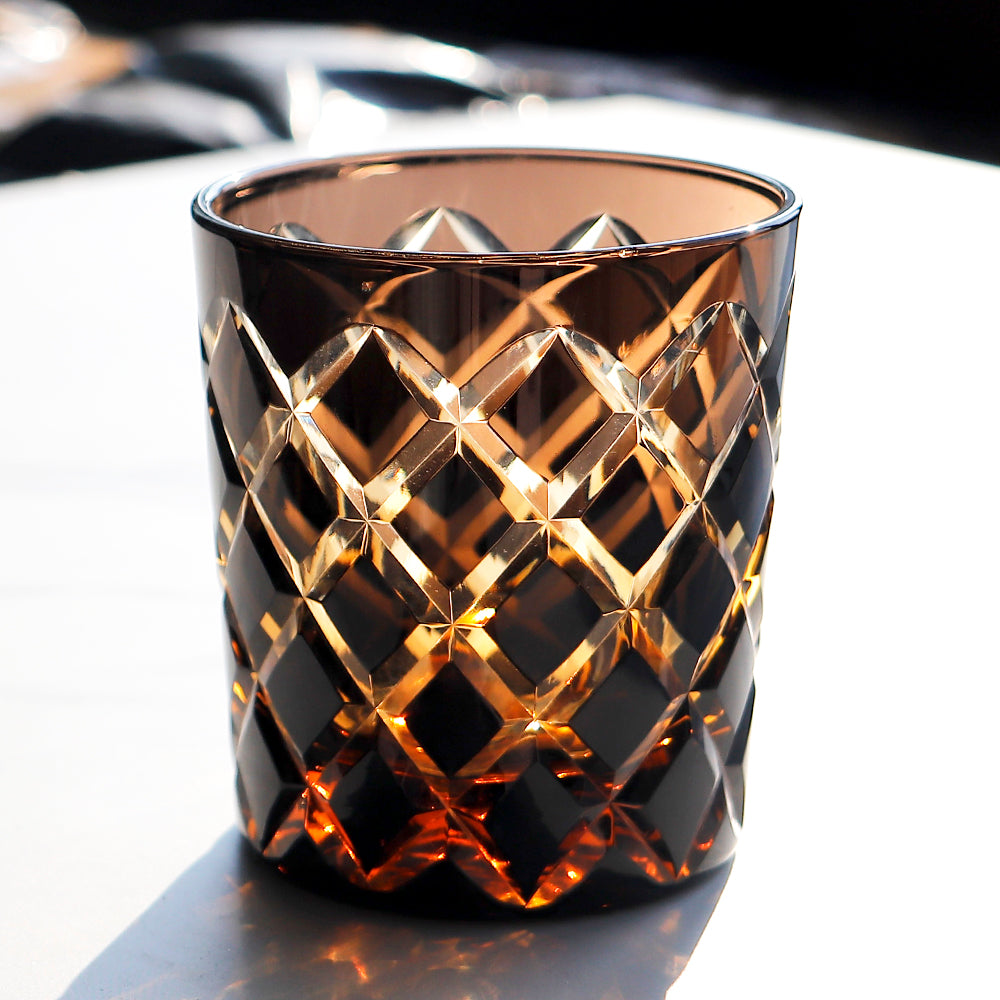 JP-026 25 cl Handmade Black and Amber Overlaid Glass Whiskey Tumbler With Hand Engraved Diamond Crossing Pattern