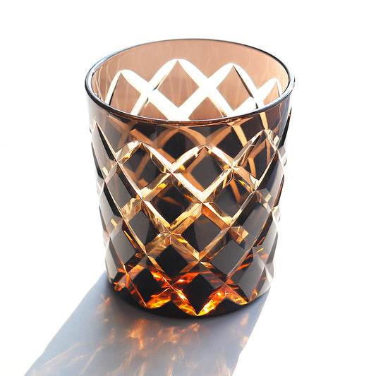 JP-026 25 cl Handmade Black and Amber Overlaid Glass Whiskey Tumbler With Hand Engraved Diamond Crossing Pattern