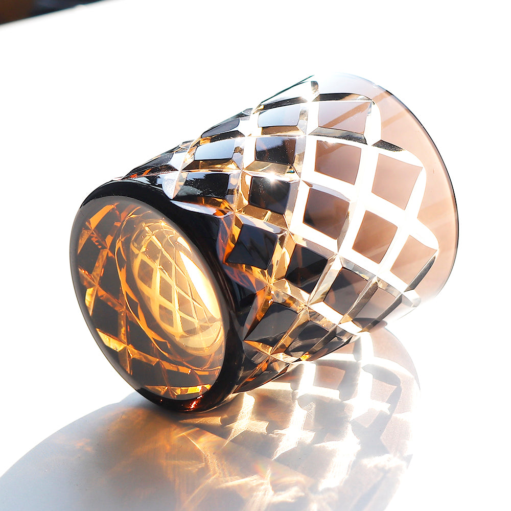JP-026 25 cl Handmade Black and Amber Overlaid Glass Whiskey Tumbler With Hand Engraved Diamond Crossing Pattern