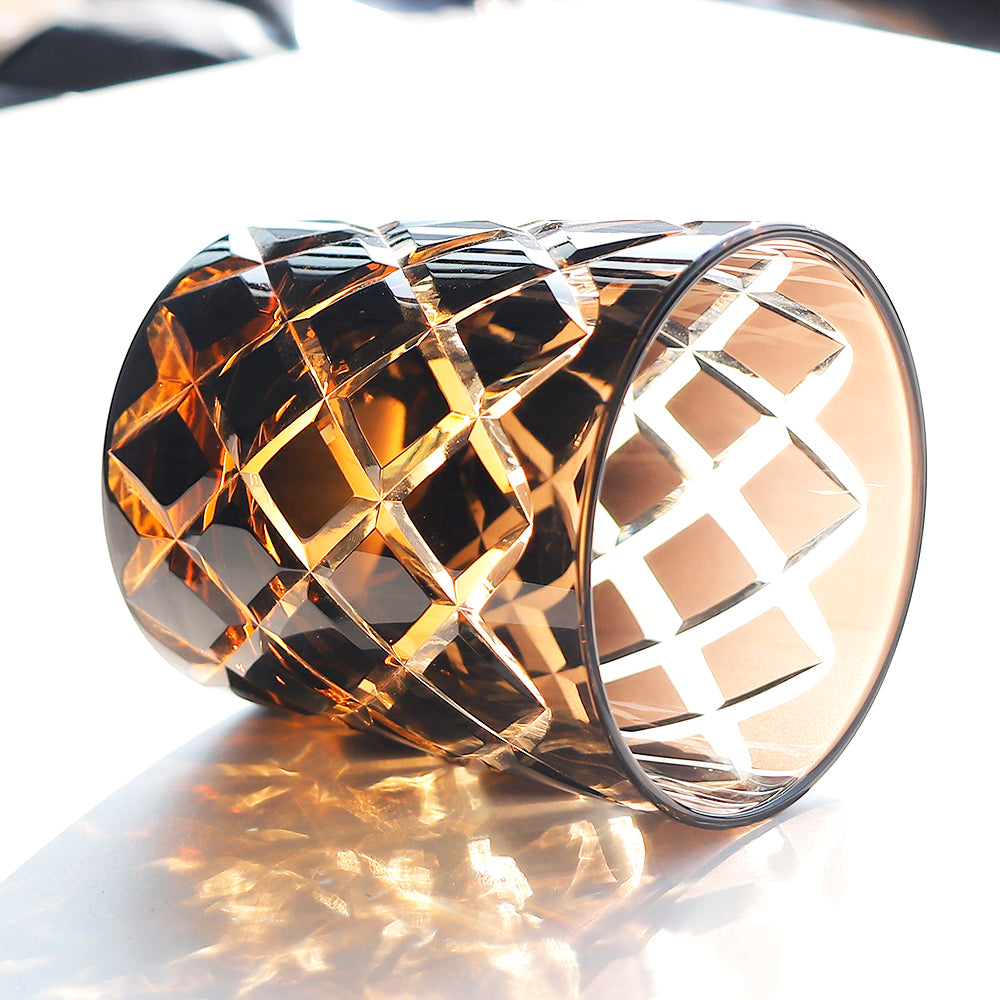 JP-026 25 cl Handmade Black and Amber Overlaid Glass Whiskey Tumbler With Hand Engraved Diamond Crossing Pattern