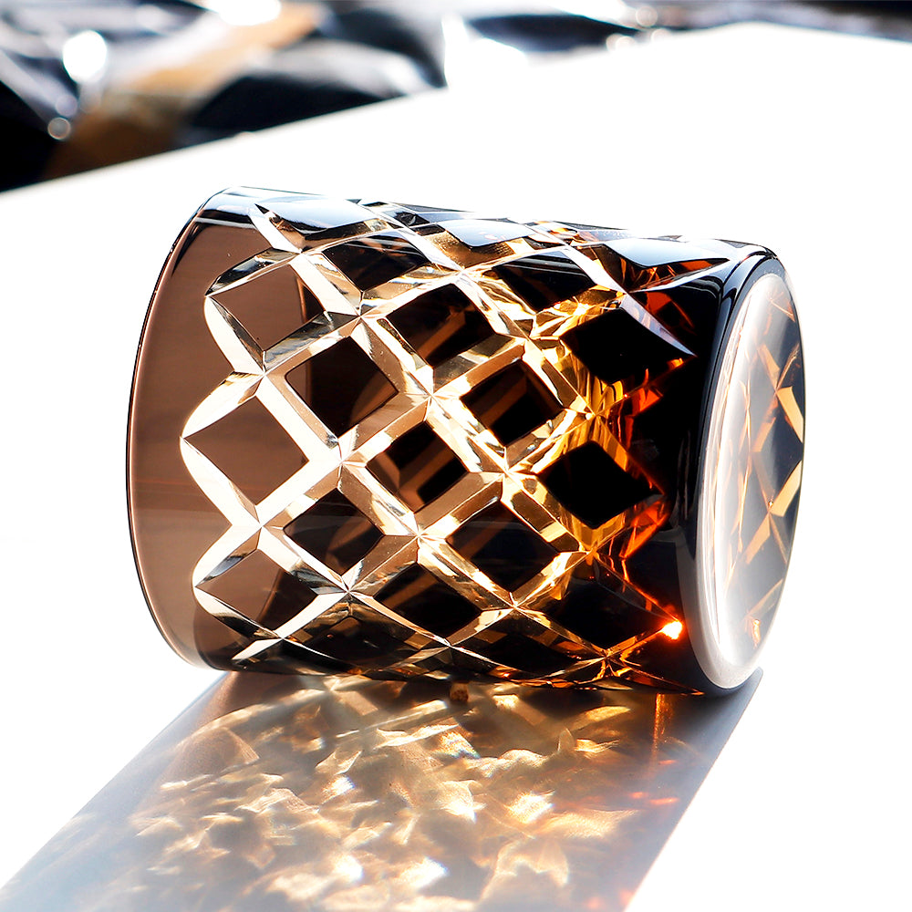 JP-026 25 cl Handmade Black and Amber Overlaid Glass Whiskey Tumbler With Hand Engraved Diamond Crossing Pattern