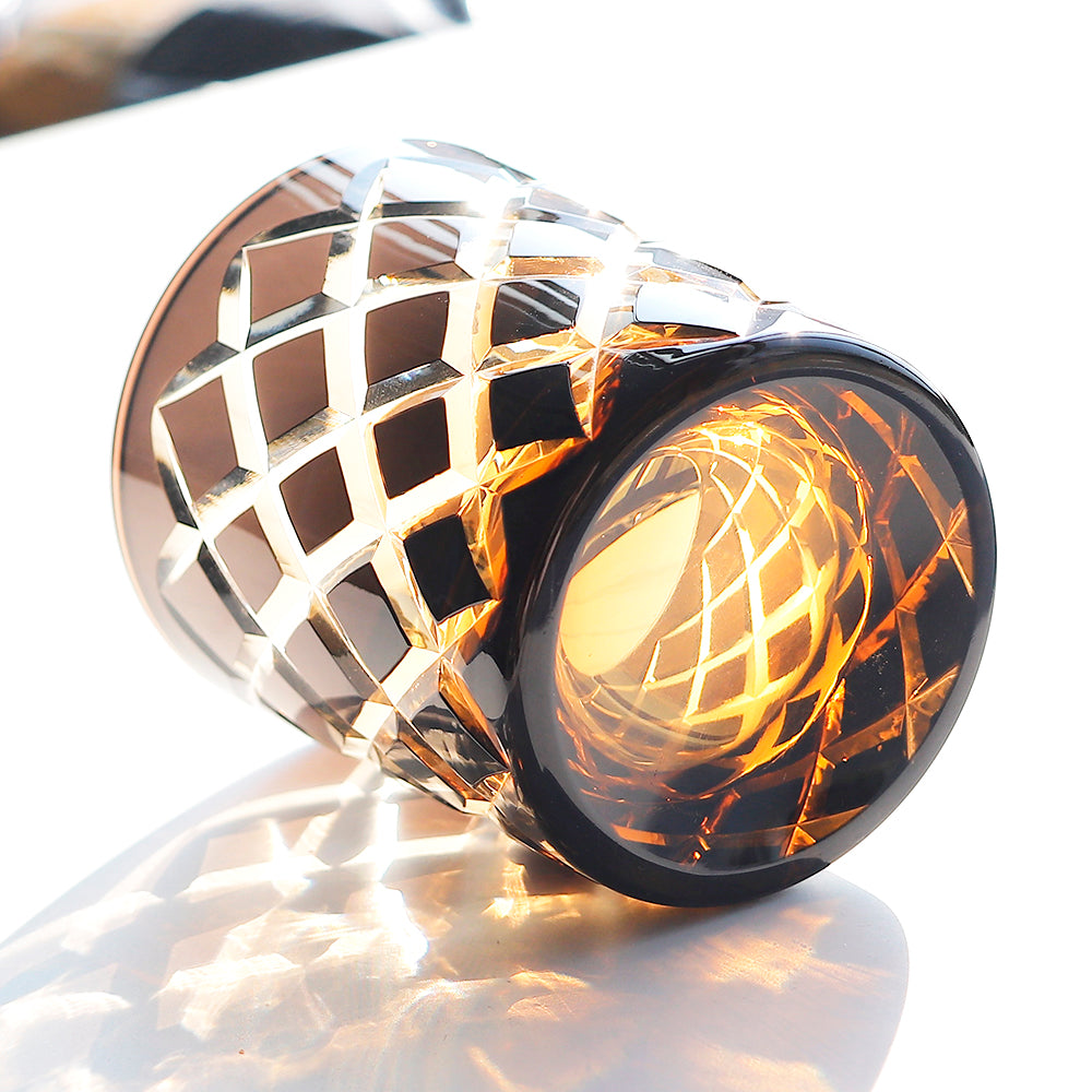 JP-026 25 cl Handmade Black and Amber Overlaid Glass Whiskey Tumbler With Hand Engraved Diamond Crossing Pattern