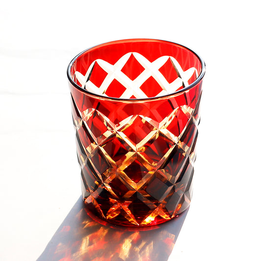 JP-026 25 cl Handmade Ruby Red and Amber Overlaid Glass Whiskey Tumbler With Hand Engraved Diamond Crossing Pattern