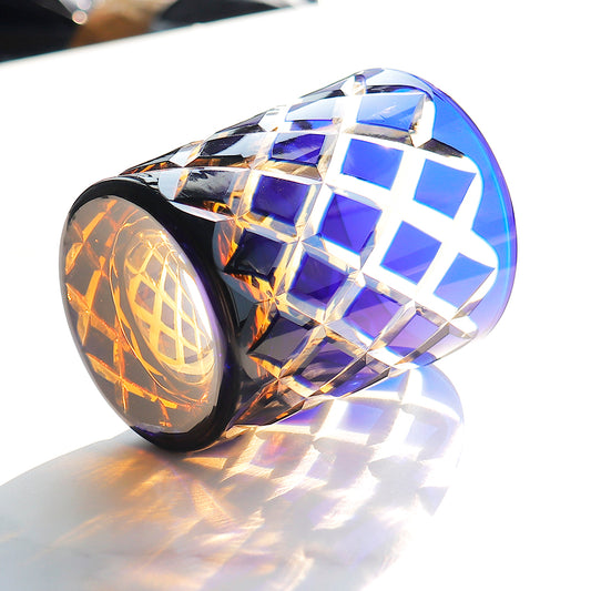 JP-026 25 cl Handmade Blue and Amber Overlaid Glass Whiskey Tumbler With Hand Engraved Diamond Crossing Pattern