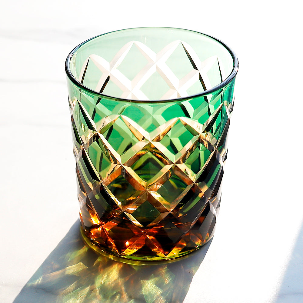 JP-026 25 cl Handmade Green and Amber Overlaid Glass Whiskey Tumbler With Hand Engraved Diamond Crossing Pattern
