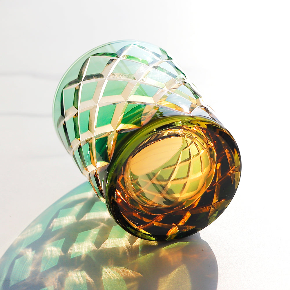 JP-026 25 cl Handmade Green and Amber Overlaid Glass Whiskey Tumbler With Hand Engraved Diamond Crossing Pattern