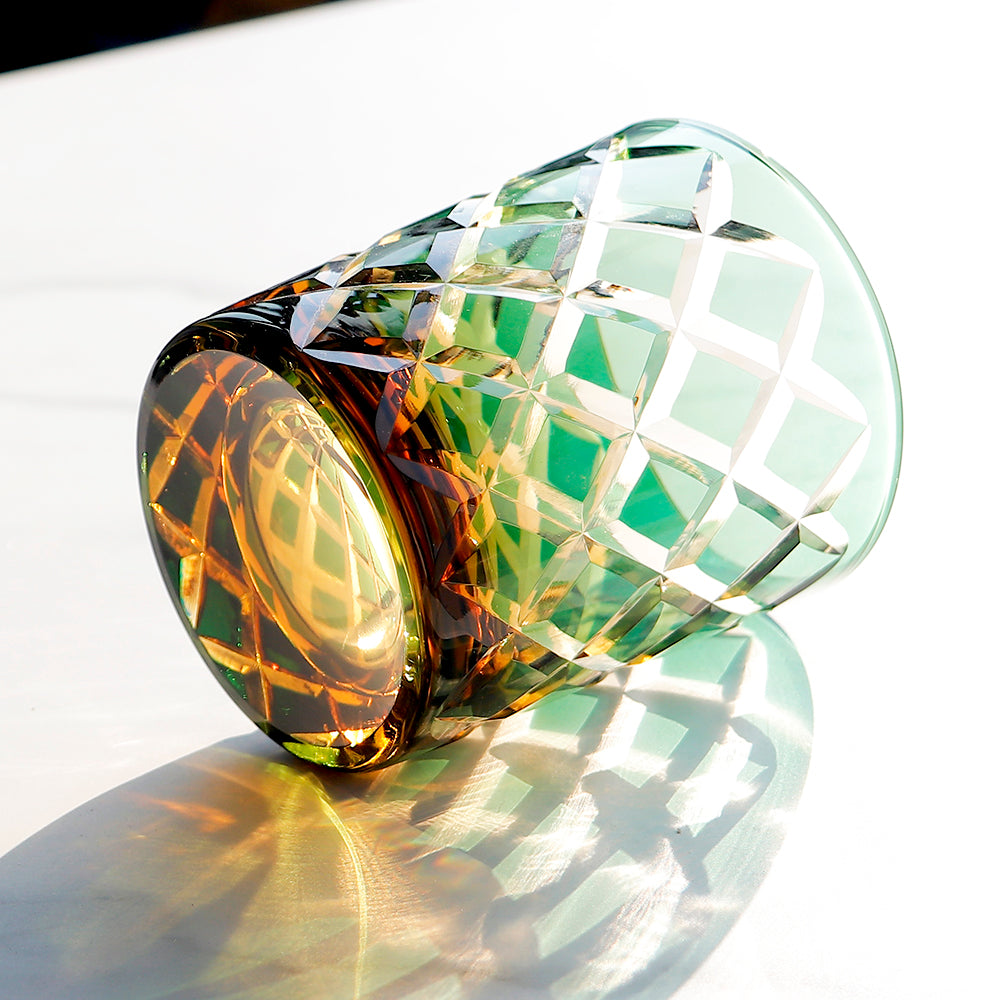 JP-026 25 cl Handmade Green and Amber Overlaid Glass Whiskey Tumbler With Hand Engraved Diamond Crossing Pattern