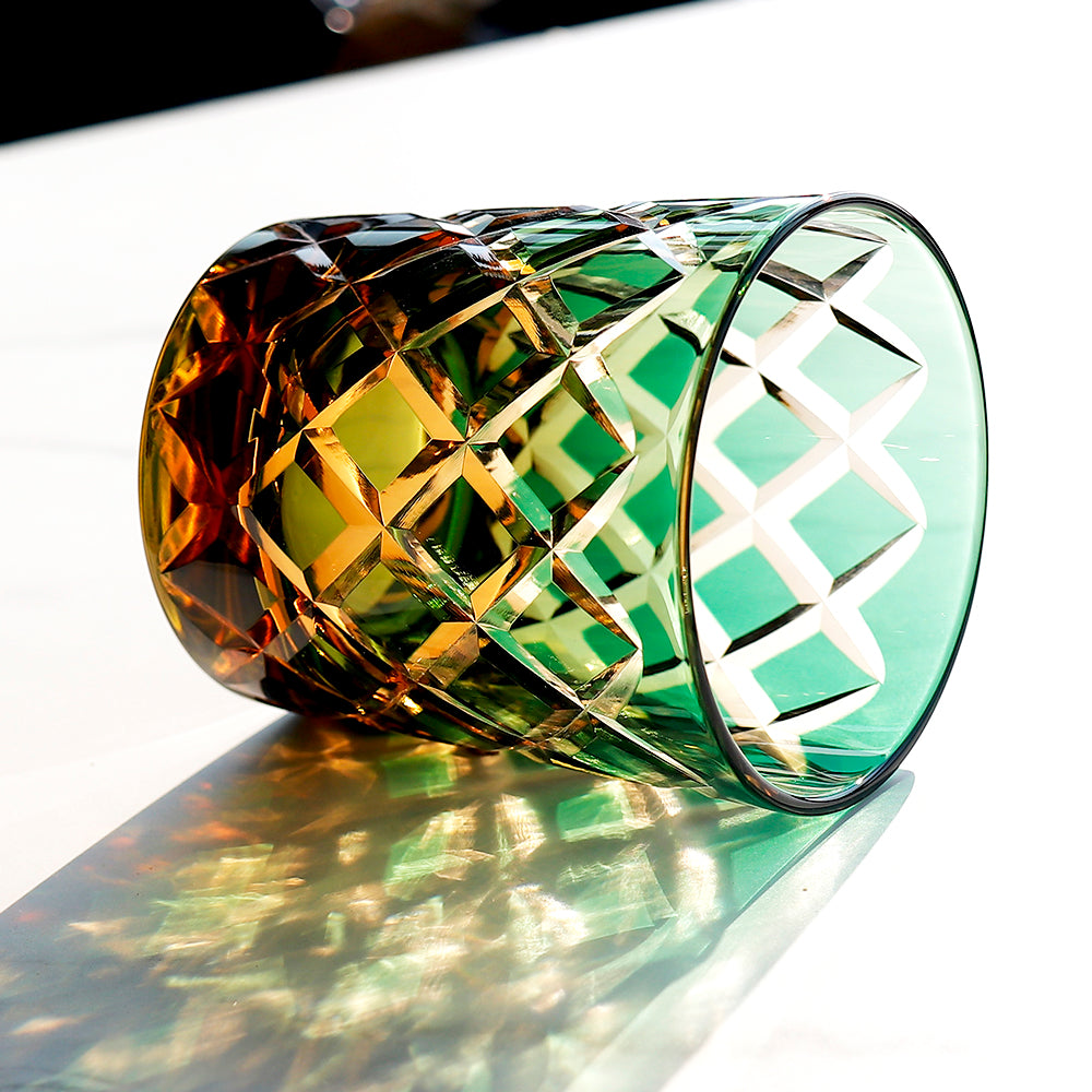 JP-026 25 cl Handmade Green and Amber Overlaid Glass Whiskey Tumbler With Hand Engraved Diamond Crossing Pattern