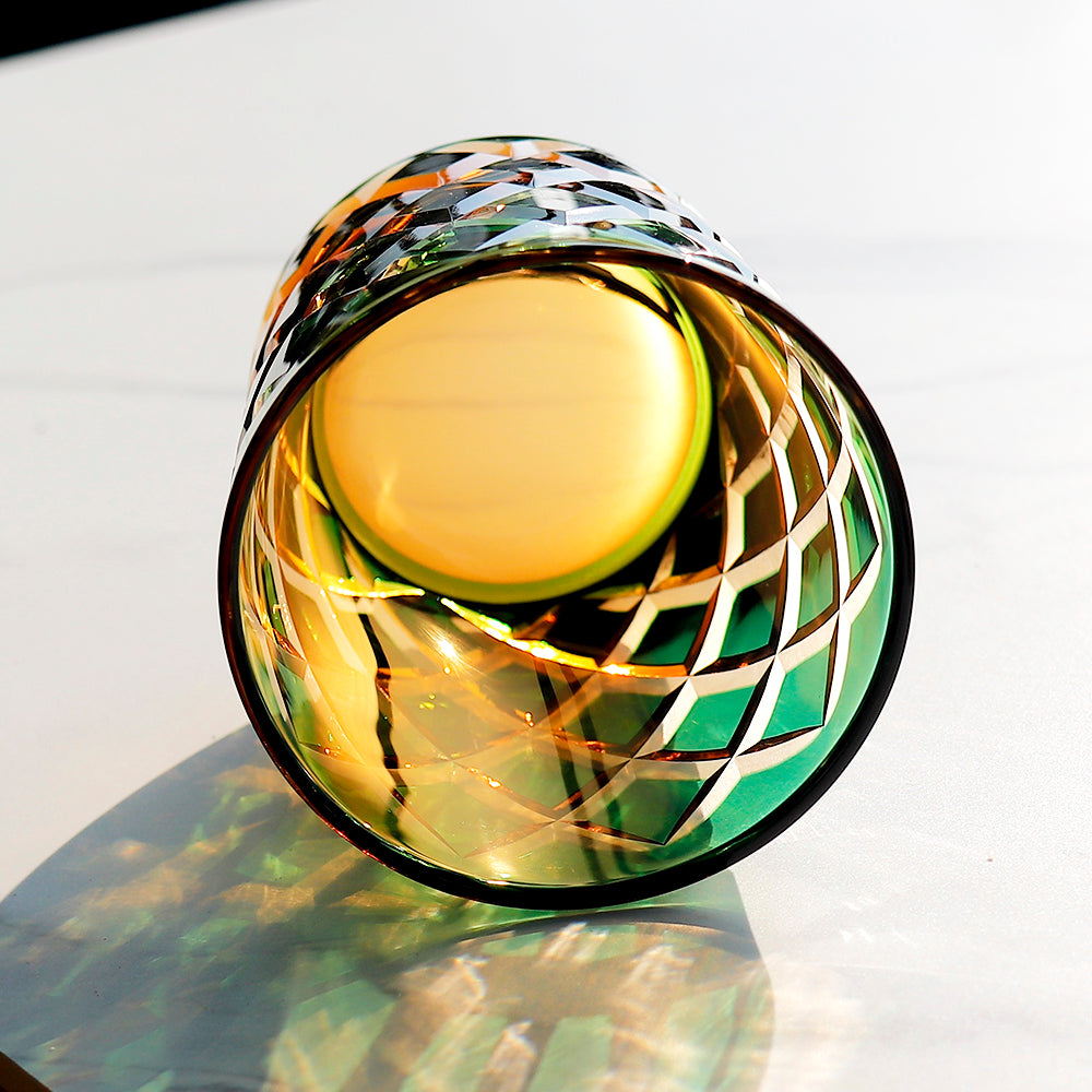 JP-026 25 cl Handmade Green and Amber Overlaid Glass Whiskey Tumbler With Hand Engraved Diamond Crossing Pattern