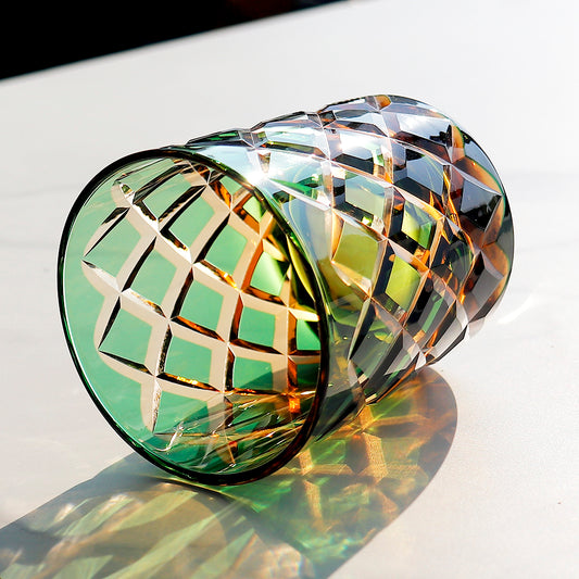 JP-026 25 cl Handmade Green and Amber Overlaid Glass Whiskey Tumbler With Hand Engraved Diamond Crossing Pattern