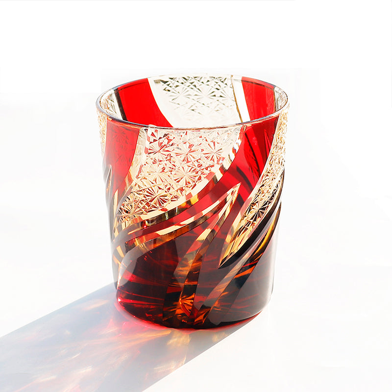 JP-029 25 CL Ruby Red and Amber Tinted Glass Whiskey Tumbler With Classic Hand Cut Burning Flame Pattern