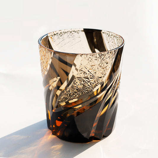 JP-029 25 CL Black and Amber Tinted Glass Whiskey Tumbler With Classic Hand Cut Burning Flame Pattern