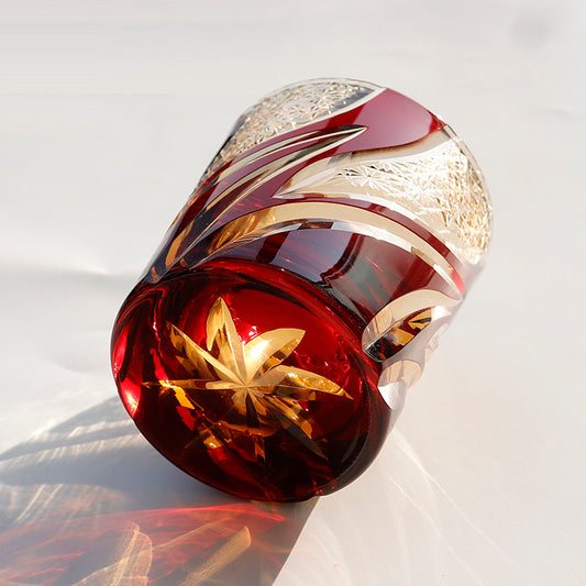 JP-029 25 CL Ruby Red and Amber Tinted Glass Whiskey Tumbler With Classic Hand Cut Burning Flame Pattern