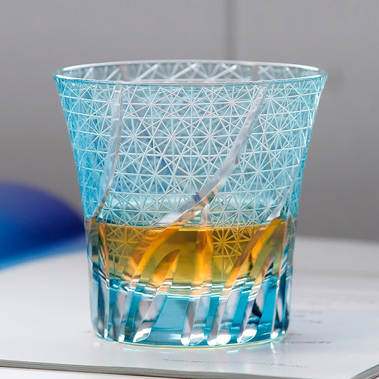 JP-017 220ml Sea Wave Hand Cut To Clear Table Tumbler Flared shaped Sky Blue Color Cased Glass Whiskey Tumblers Sky Blue Edo Kiriko Rock glass