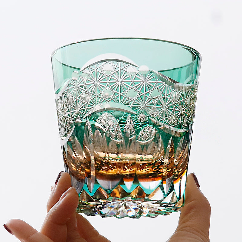 JP-106 32 cl Japanese Style Edo Kiriko Handcrafted Green Prism Whisky Glass With Gift Box