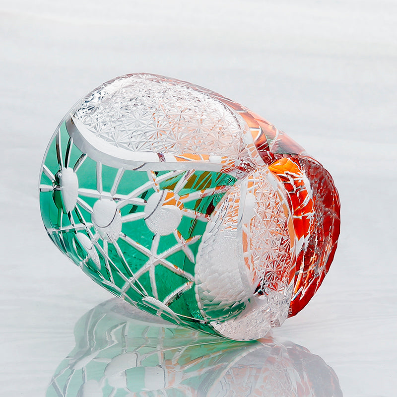 JP-077 Green Red Edo Kiriko Style Whiskey Glass Tumblers Adorned With Hand Carved Chrysanthemum Mesh and Balls