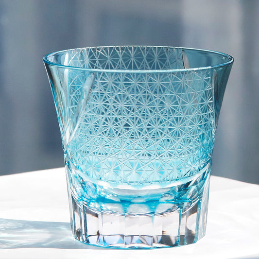 JP-017 220ml Flared Shaped Hand Cut Table Drinking Tumbler Edo Kiriko's Sea Wave Sky Blue Whiskey Tumblers