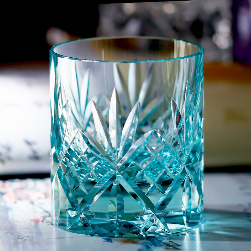 JP-128 Classic Hand Cutting Bamboo Leaves Green Whiskey Tumbler K9 Crystal Glass Sazerac Whiskey Glass Tumbler Green Edo Kiriko 200 ml Heavy and Thick Bottom Rock Glass K9 Green Crystal Glass Cocktail Tumblers