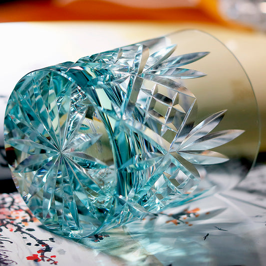 JP-128 Classic Hand Cutting Bamboo Leaves Green Whiskey Tumbler K9 Crystal Glass Sazerac Whiskey Glass Tumbler Green Edo Kiriko 200 ml Heavy and Thick Bottom Rock Glass K9 Green Crystal Glass Cocktail Tumblers