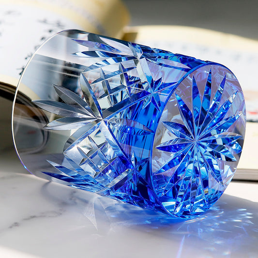 JP-128 Blue Classic K9 Crystal Glass Whiskey Tumbler Edo Kiriko's Bamboo Leaves Design Heavy and Thick Bottom