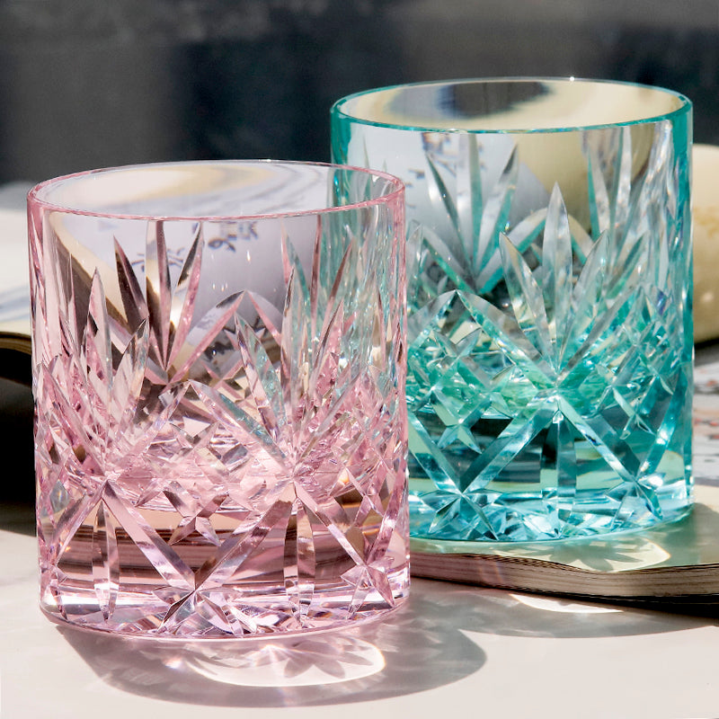 JP-128 Classic Hand Cutting Bamboo Leaves Green Whiskey Tumbler K9 Crystal Glass Sazerac Whiskey Glass Tumbler Green Edo Kiriko 200 ml Heavy and Thick Bottom Rock Glass K9 Green Crystal Glass Cocktail Tumblers