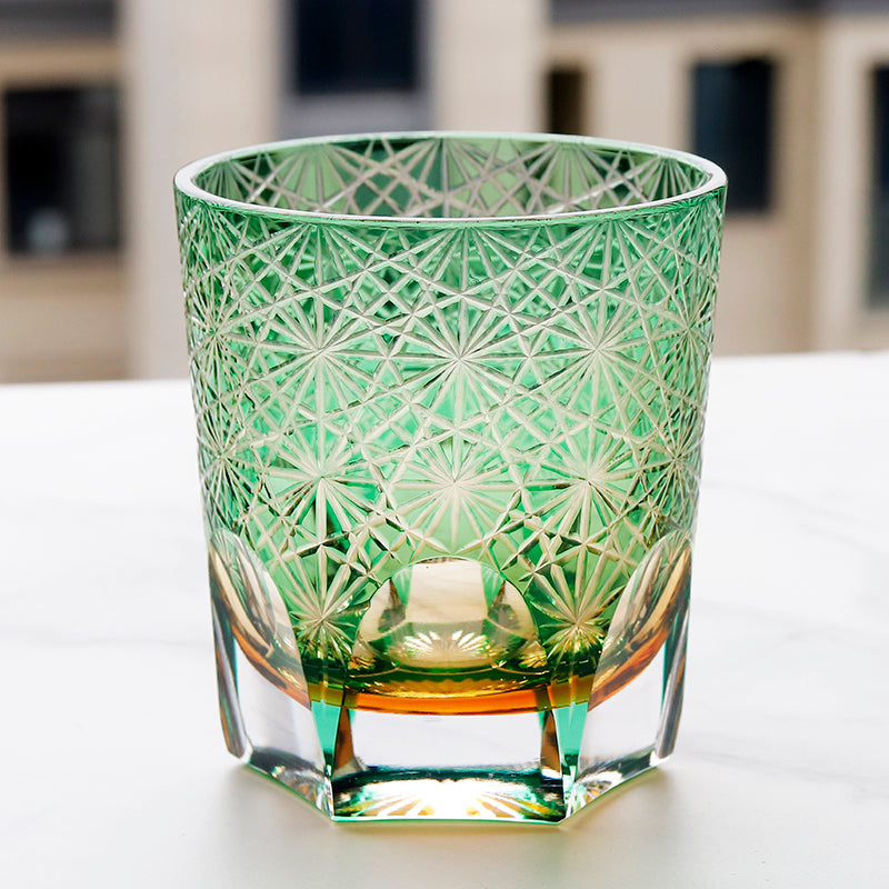 JP-048-2 NEW Green Amber Clear 3 Layer Color Tinted Glass Whisky Glass Edo Kiriko With Hand Cutting Chrysanthemum Design