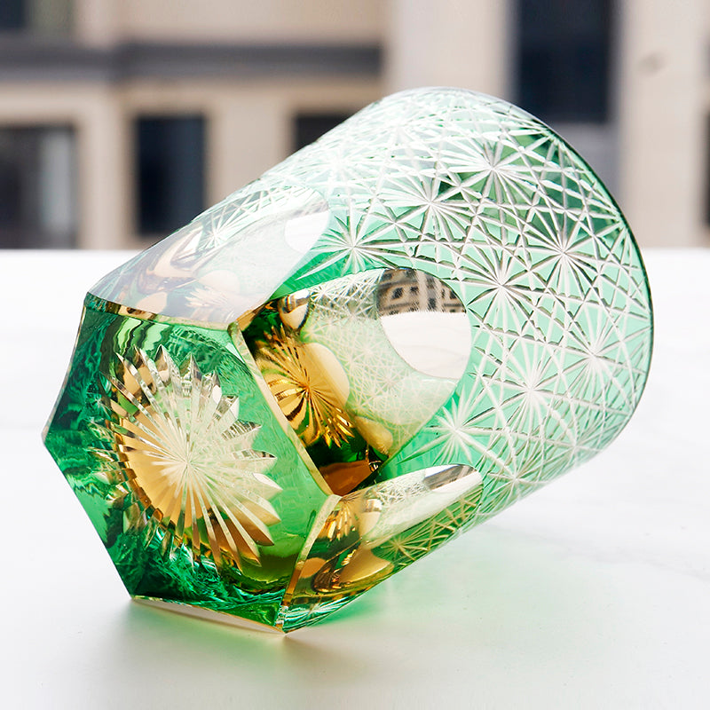 JP-048-2 NEW Green Amber Clear 3 Layer Color Tinted Glass Whisky Glass Edo Kiriko With Hand Cutting Chrysanthemum Design