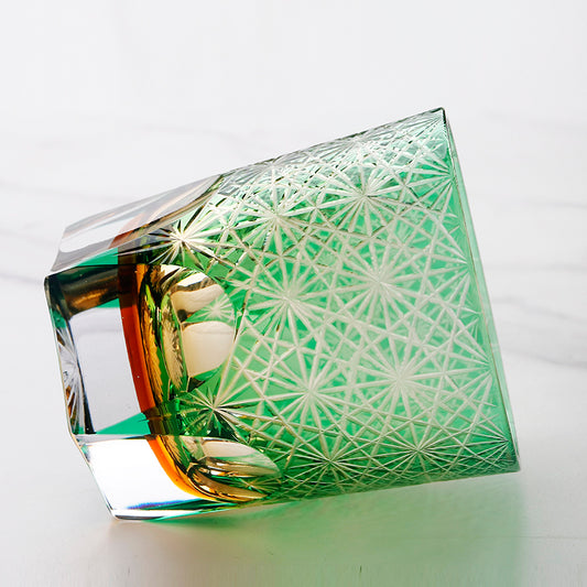 JP-048-2 NEW Green Amber Clear 3 Layer Color Tinted Glass Whisky Glass Edo Kiriko With Hand Cutting Chrysanthemum Design