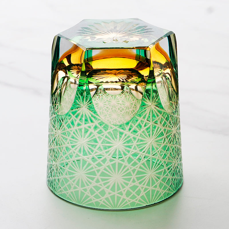 JP-048-2 NEW Green Amber Clear 3 Layer Color Tinted Glass Whisky Glass Edo Kiriko With Hand Cutting Chrysanthemum Design