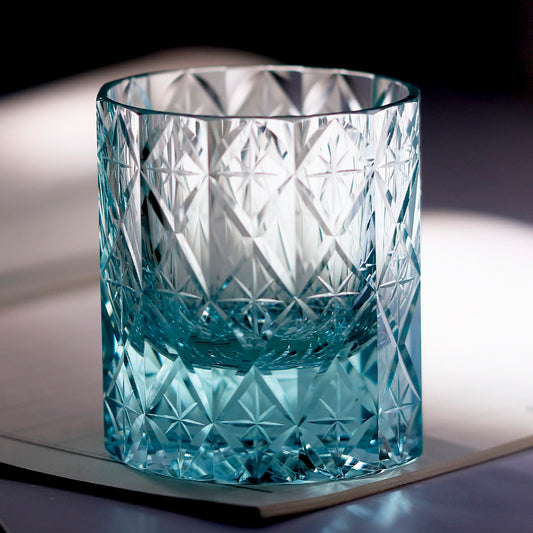 JP-129 Blue Green Oceans Of Stars K9 Crystal Glass Whiskey Tumbler Edo Kiriko Rock Glass Hand Cutting Blue Green Crystal Glass Cocktail Tumblers 200ml